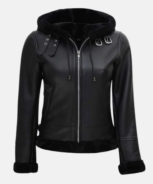 Aurora Shearling Bomber Leather Jacket with Hood