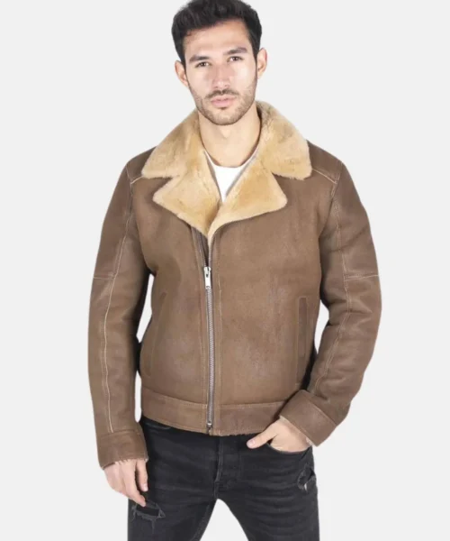 Camel Cross Zip Aviator Jacket with Brown Fur