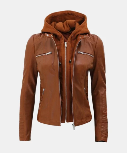 Cognac Blaze Slim Fit Leather Jacket with Detachable Hood