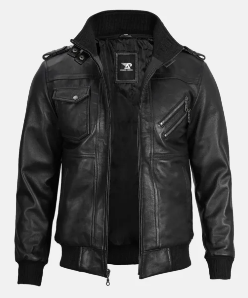 Falcon Black Men’s Bomber Leather Jacket with Detachable Hood