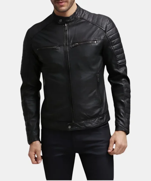 RiderX Black Slim Fit Leather Racer Jacket