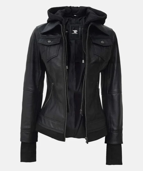 Trinity Black Bomber Leather Jacket with Hood