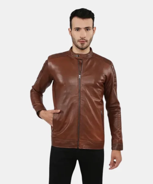 Vanguard Brown Slim Fit Racer Leather Jacket